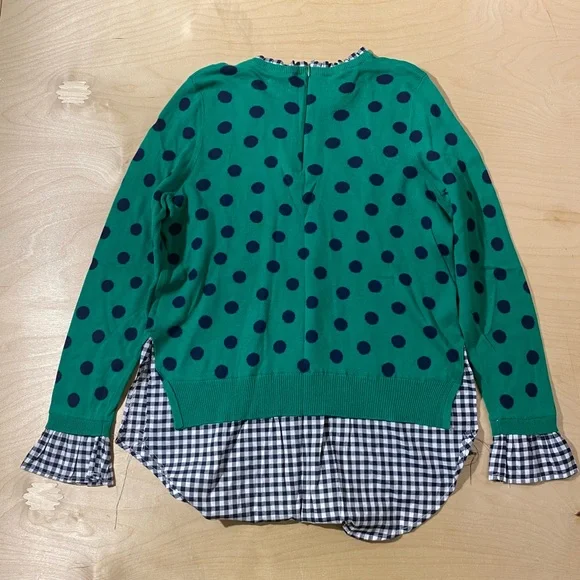 crown & ivy Green Sweater with Navy and White Gingham Trim Medium (QW) - Picture 7 of 7